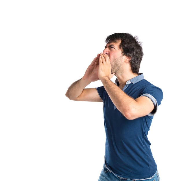 Man shouting over isolated white background