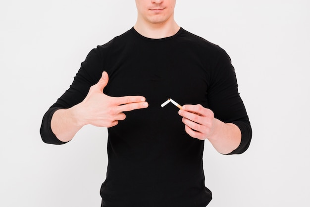 Man showing gun gesture near the broken cigarette