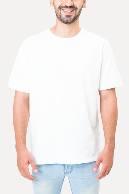 Man in simple white tee studio portrait