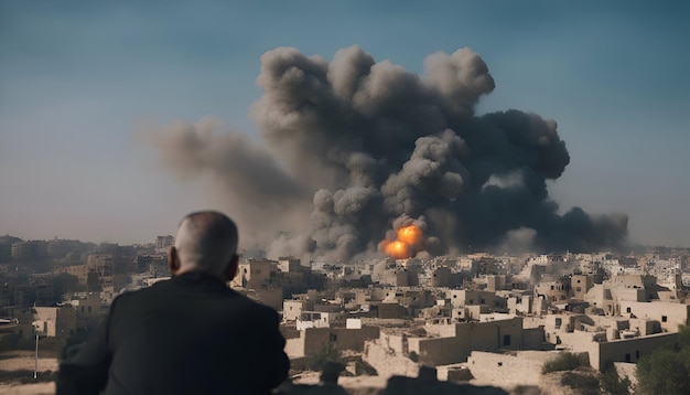 Free Photo a man sits on the top of a hill and looks at a huge blast