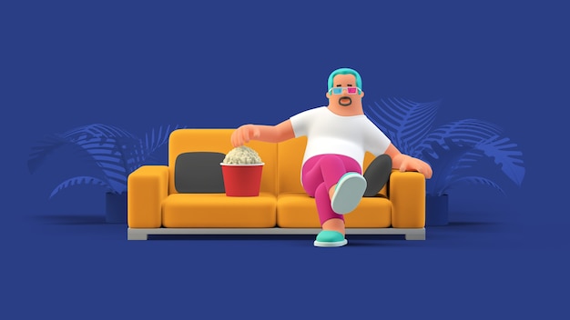 Man sitting on Sofa in 3D glasses eating popcorn watching 3D video game.