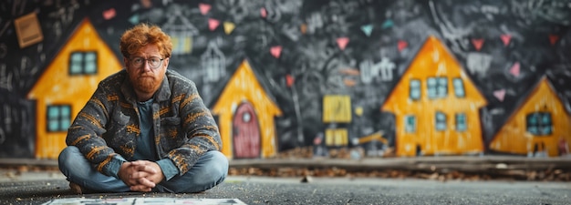 Free photo man sitting on the street with big mural behind