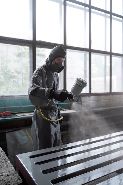 Man spraying powder paint from a gun side view