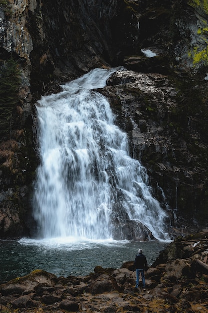 Free Photo man standing near waterfalls