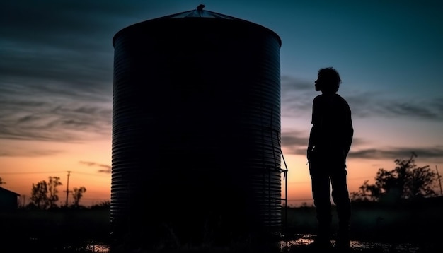 Free photo a man stands in front of a grain silo at sunset.