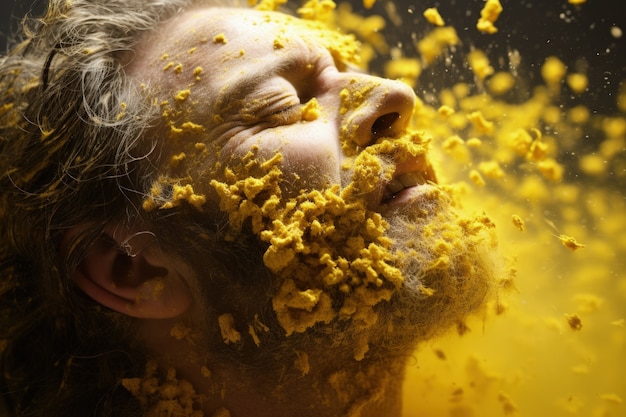 Free photo man suffering from allergy by being exposed to flower pollen outside