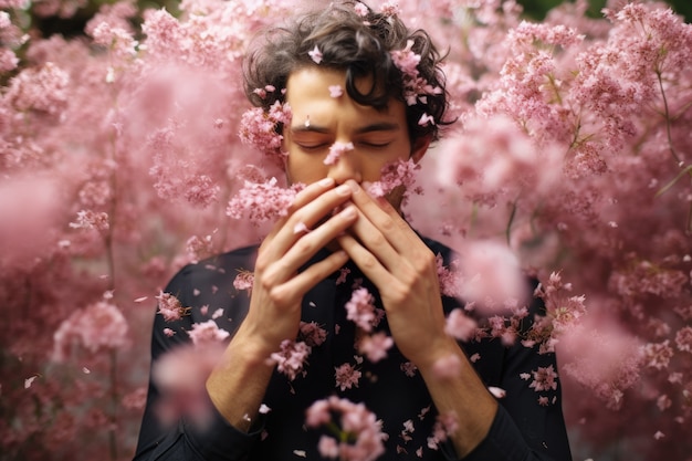 Free Photo man suffering from allergy by being exposed to flower pollen outside