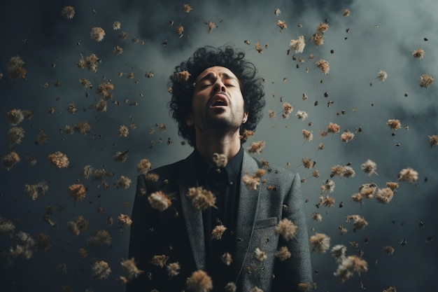 Free Photo man suffering from allergy by being exposed to flower pollen outside