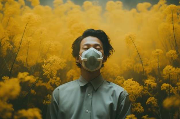 Free photo man suffering from allergy by being exposed to flower pollen outside