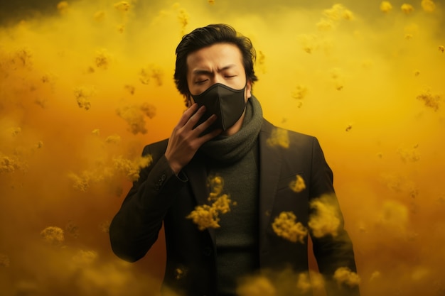 Free photo man suffering from allergy by being exposed to flower pollen outside