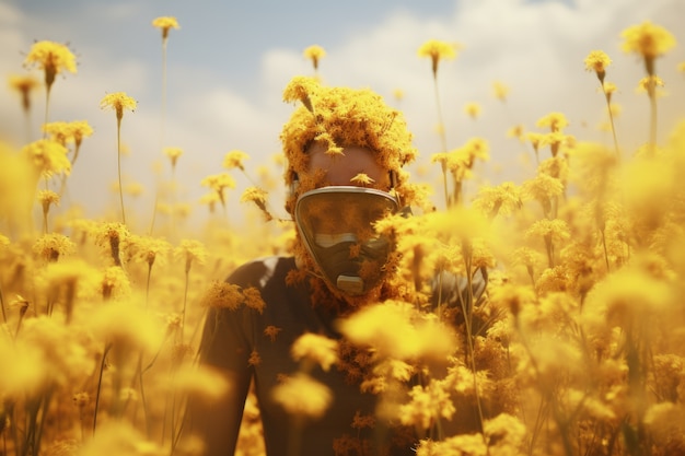 Man suffering from allergy by being exposed to flower pollen outside