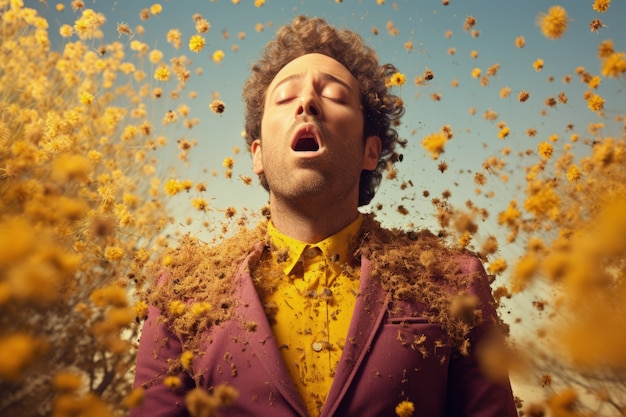 Free photo man suffering from allergy by being exposed to flower pollen outside