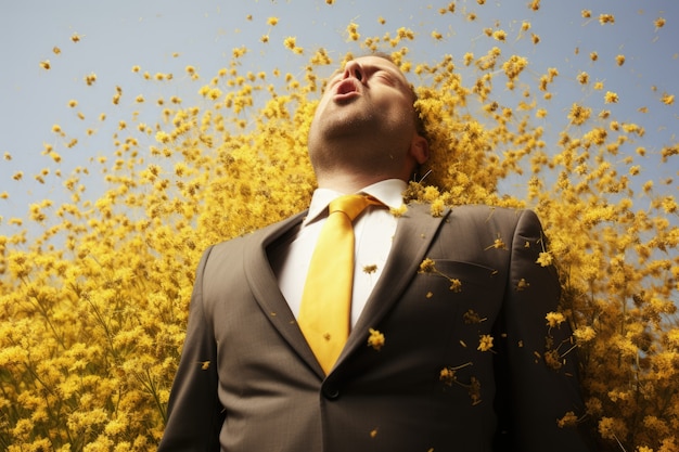 Free Photo man suffering from allergy by being exposed to flower pollen outside