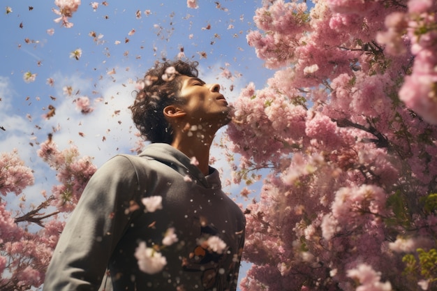 Free photo man suffering from allergy by being exposed to flower pollen outside