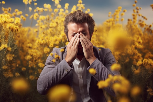 Man suffering from allergy by being exposed to flower pollen outside