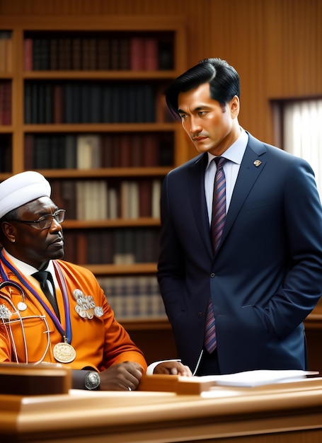 Free photo a man in a suit is standing in front of a desk with a man in a suit and tie.