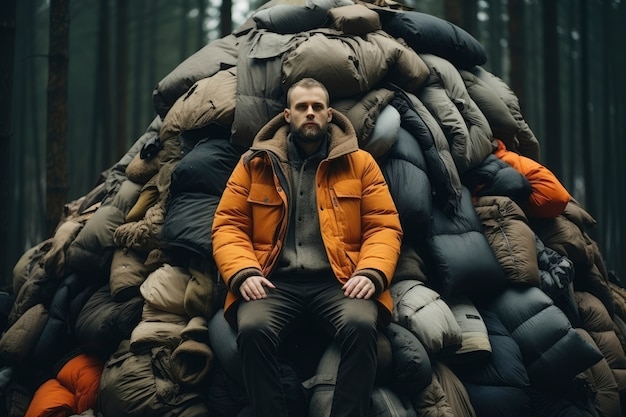 Free photo man surrounded by clothing pile