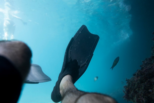 Free photo man swimming under the ocean