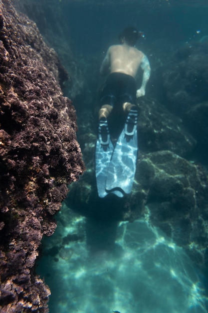 Free Photo man swimming under the ocean