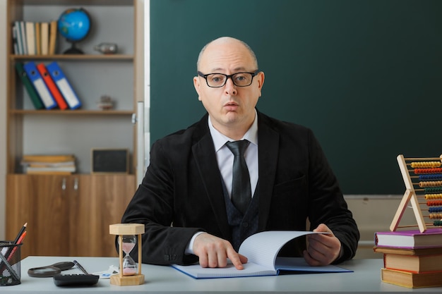 Man teacher wearing glasses checking class register looking at camera confused sitting at school desk in front of blackboard in classroom