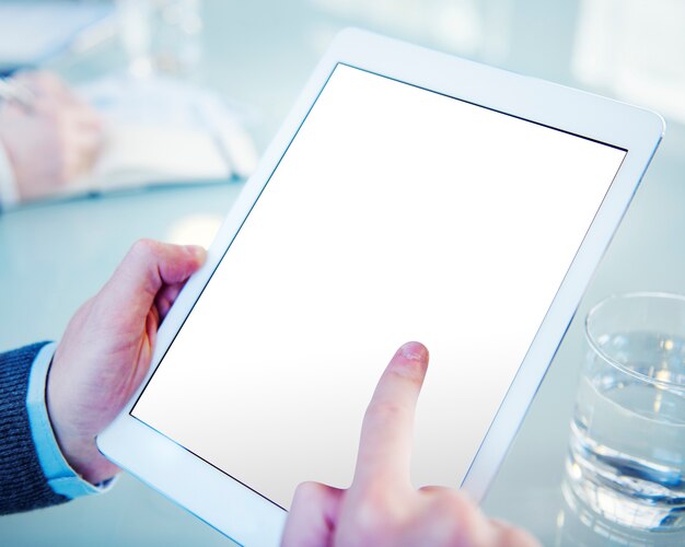 Man Using a Digital Tablet with Blank Screen