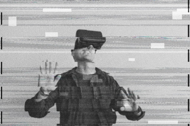 Free Photo man using vr on digital glitch