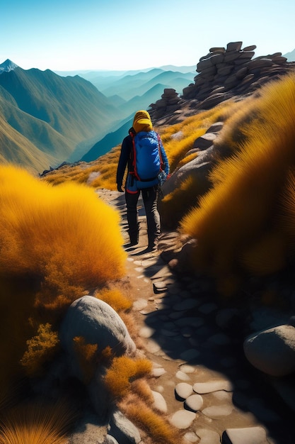 Free photo a man walking on a mountain with a blue backpack