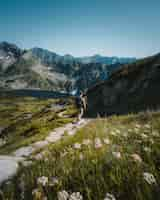 Free photo man walking on a stone pathway surrounded by mountains, plants and a lake