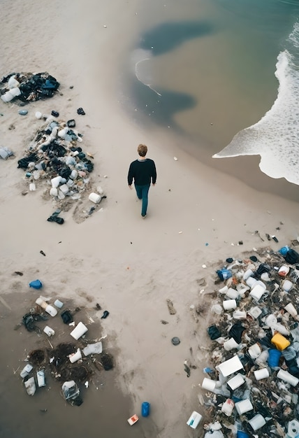 Free Photo man walking through trash in a beach