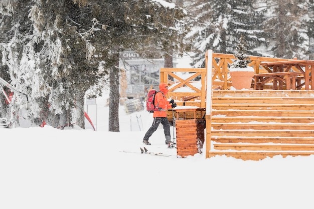 Man walking to wooden steps