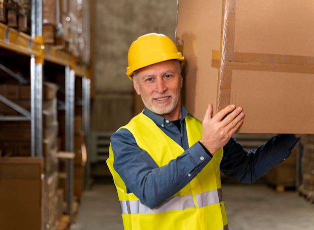 Man in warehouse carrying box