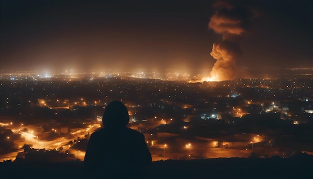 Free photo man watching a big fire in the city at night view from above