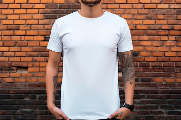 Free Photo man wearing blank tshirt brick wall background