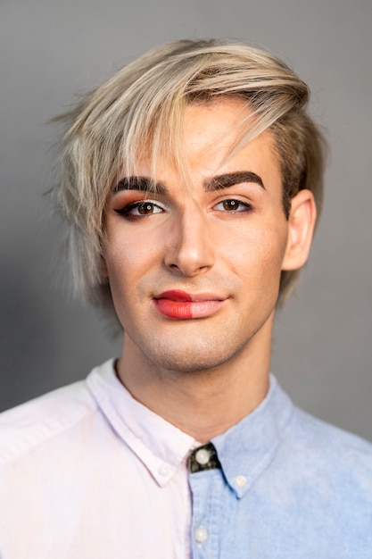 Man wearing make-up on half his face and wearing different clothes