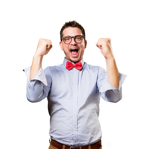 Man wearing a red bow tie. Looking succesful.