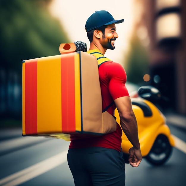 A man wearing a red shirt and a yellow box on his back walks down the street.