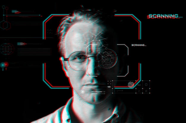 Free Photo man wearing smart glasses behind the virtual scanning technology in glitch effect