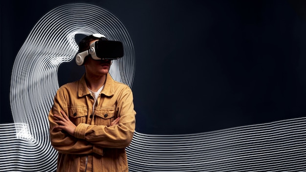 Free photo man wearing virtual reality goggles with special effects around him