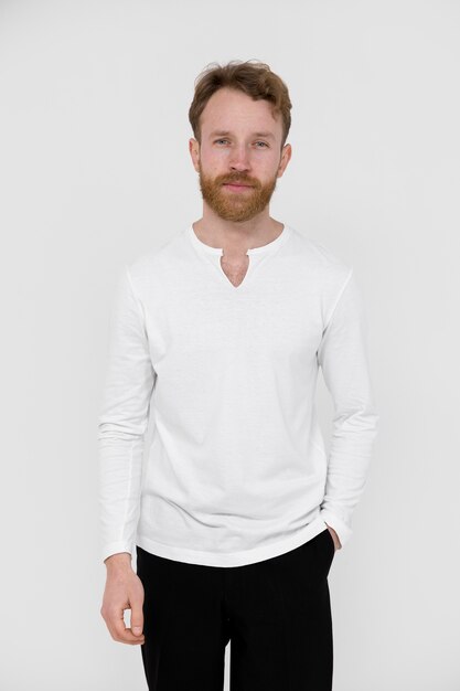 Man wearing white blank shirt medium shot