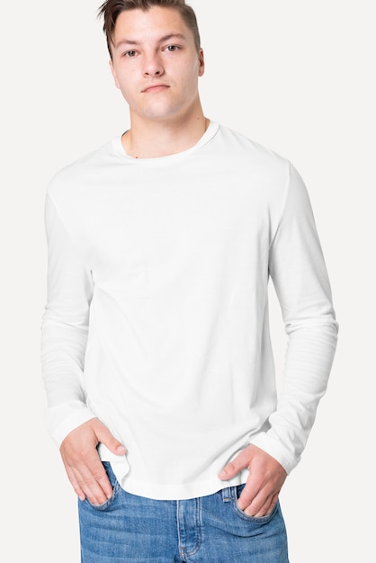 Man in white long sleeve tee men&rsquo;s fashion studio portrait