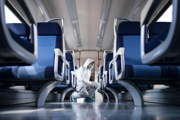 Free photo man in white protection suit disinfecting and sanitizing subway train interior to stop spreading highly contagious corona virus