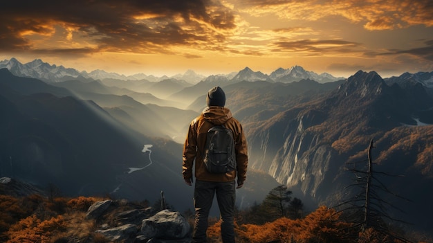 Man with backpack standing on the top of the mountain and looking at the sunset