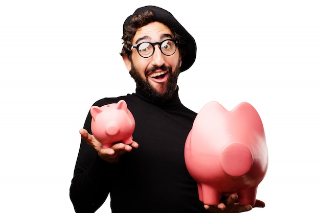 Free photo man with a big piggy bank pig and other small