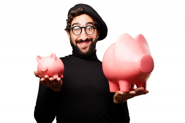 Free Photo man with a big piggy bank pig and other small