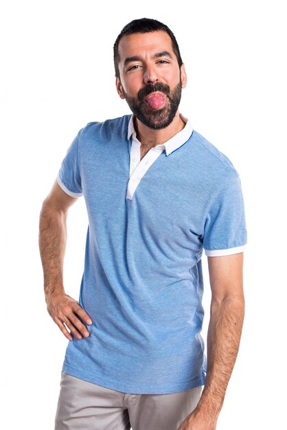 Man with blue shirt doing a joke