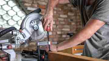 Free photo a man with a board and miter saw close up, concept building and repair.