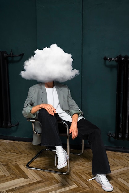 Free photo man with cloud-shaped head full shot