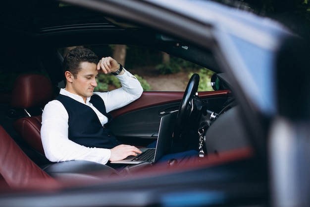 Man with computer in car