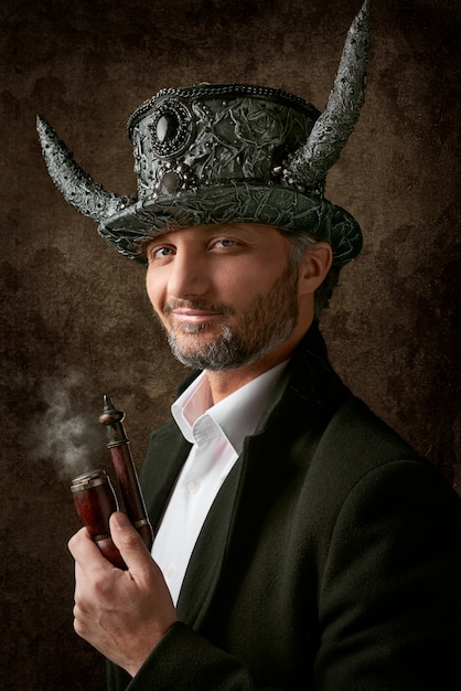 Man with evil hat holding smoking pipe 