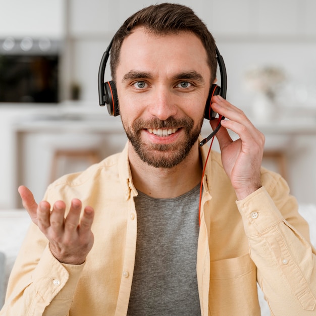 Man with headset for video call